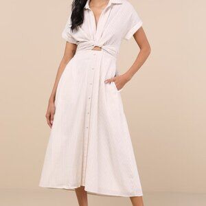 Lulus Adorable Impression Beige And White Midi Dress With Pockets - Size L